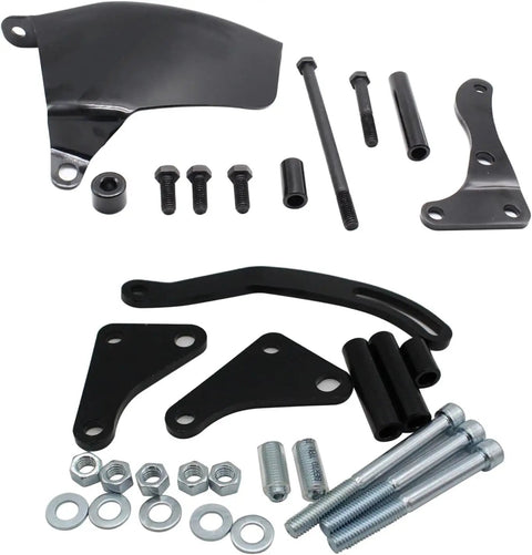 Hot Swap Power Steering Pump Setup For Classic Small Block Chevy V8 Engines Like The 305 And 350 Comes With Heavy Duty Long Water Pump Plus Crankshaft Pulley And Full Bracket Kit black steel brackets and bolts