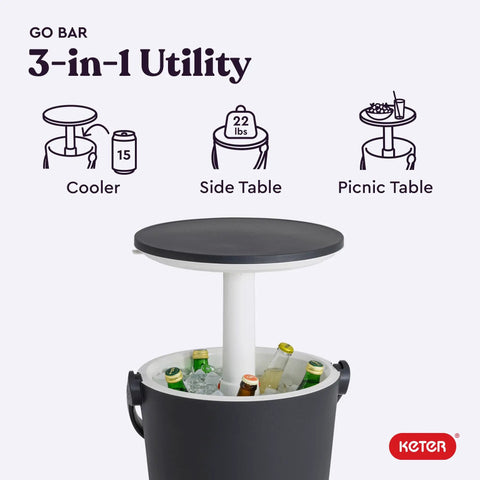 Go Bar 4.2 Gallon Portable Beer And Wine Cooler With Hidden Ice Storage, Grab And Go Pop Up Cocktail Table, Graphite Finish
