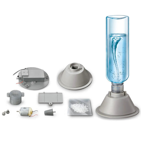 Components of KidzLabs Tornado Maker Kit For Kids - Hands-On Weather Experiment with assembled tornado in a bottle