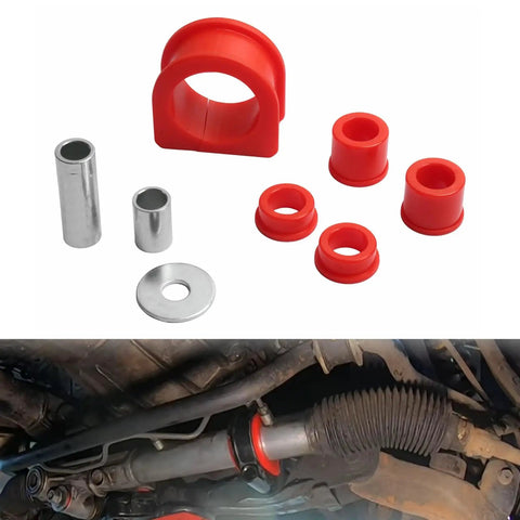 Rack and Pinion Bushing Kit for Toyota 4Runner 1996 to 2002 Tacoma 1995 to 2004 4WD and Pickup 1995 No Fuss Easy Direct Fit Replacement Replaces OEM 8.10103R Steering Gear Bushing Set Red shown with installation view.