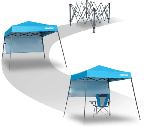 Grab-And-Go Ultra Compact Backpack Canopy Pop Up Shelter for Outdoor Adventures in blue with foldable frame and chair