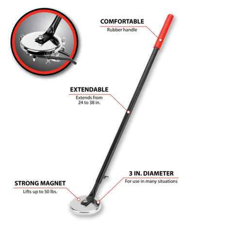 Heavy Duty 50 Pound Magnetic Pickup Tool With Rubber Grip Telescopes From 24 To 38 Inches Three Inch Wide Magnetic Head For Lifting Heavy Items And Reaching Into Tight Spots