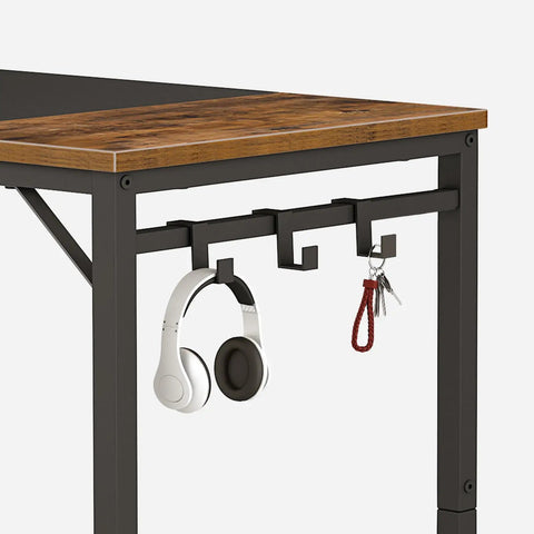 Rustic Brown And Black Computer Desk With Power Outlet Compact Thirty One Point Five Inch Wide Home Office Desk Featuring 3 Built In Hooks