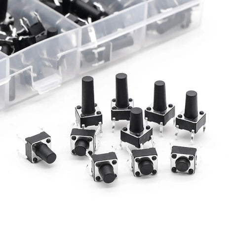 Micro Momentary Tactile Push Button Switch Kit Dope 200 Pc Assortment, 4 Pins, 6x6mm and Mixed Sizes, flame retardant, DIY projects.