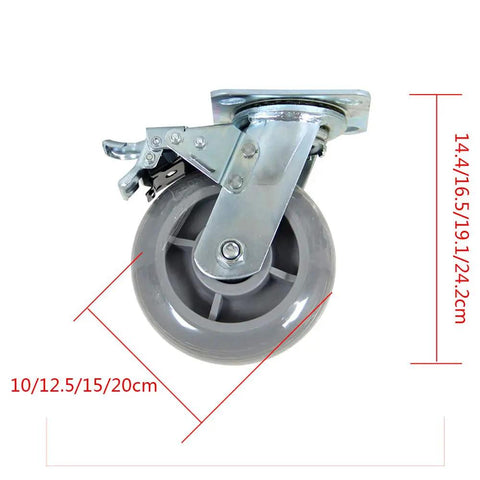Tough As Nails Silent Rubber Caster Wheel With Secure Steel Brake Pad, heavy-duty grey rubber caster with mounted brake for workshops.