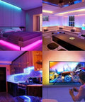 Bedroom front view: DAYBETTER 130ft RGB LED strip lights under bed frame for ambient lighting
Living room side view: DAYBETTER 130ft RGB LED strip lights along ceiling for colorful ambience
Kitchen close-up view: DAYBETTER 130ft RGB LED strip lights under cabinets with blue accent
Installed view: DAYBETTER 130ft RGB LED strip lights behind TV for vibrant backlight