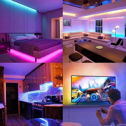 Bedroom front view: DAYBETTER 130ft RGB LED strip lights under bed frame for ambient lighting
Living room side view: DAYBETTER 130ft RGB LED strip lights along ceiling for colorful ambience
Kitchen close-up view: DAYBETTER 130ft RGB LED strip lights under cabinets with blue accent
Installed view: DAYBETTER 130ft RGB LED strip lights behind TV for vibrant backlight