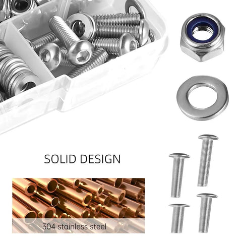 Pro Grade All In One Stainless Steel 304 Hex Bolts Nuts And Washers Kit 130 Piece Assortment showing contents and solid design