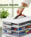 Person using 4 Tier Medicine Organizer Storage Box with lid and leather handle, showing organized tiers with office supplies
