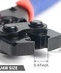 Close-up of jaw size on Pinch Clamp Removal Tool For PEX Cinch Clamps, Easy Grip Pro Tool, dimensions 0.47 and 0.39 inches shown