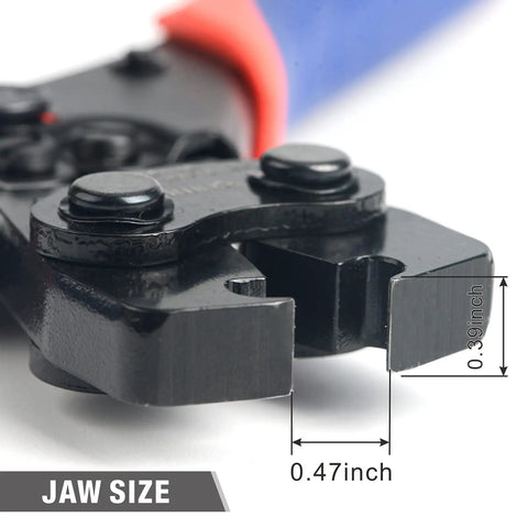 Close-up of jaw size on Pinch Clamp Removal Tool For PEX Cinch Clamps, Easy Grip Pro Tool, dimensions 0.47 and 0.39 inches shown