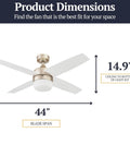 Atlas 44 Inch Modern Indoor LED Ceiling Fan With Light And Remote Control For Small Rooms Up To 100 Sq Ft Dual Mounting Options