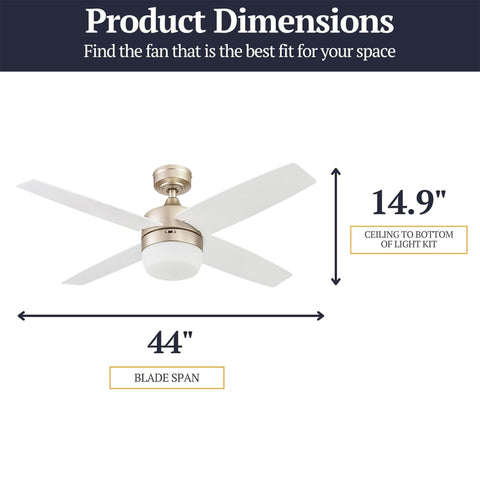 Atlas 44 Inch Modern Indoor LED Ceiling Fan With Light And Remote Control For Small Rooms Up To 100 Sq Ft Dual Mounting Options
