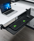 Hella Sturdy Under Desk Keyboard And Mouse Tray Pull Out Sliding Platform With Secure C Clamp Mount System Instant Install Height Adjustable For Ergonomic Workstation with keyboard and mouse.