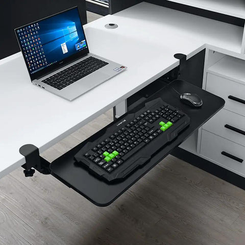 Hella Sturdy Under Desk Keyboard And Mouse Tray Pull Out Sliding Platform With Secure C Clamp Mount System Instant Install Height Adjustable For Ergonomic Workstation with keyboard and mouse.