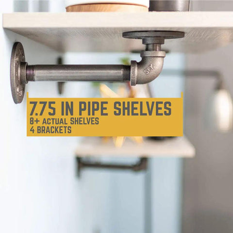 Hella Sturdy Industrial Pipe Shelf Brackets Six Inch Four Pack on wall, showcasing black steel pipe shelf support with rustic style.
