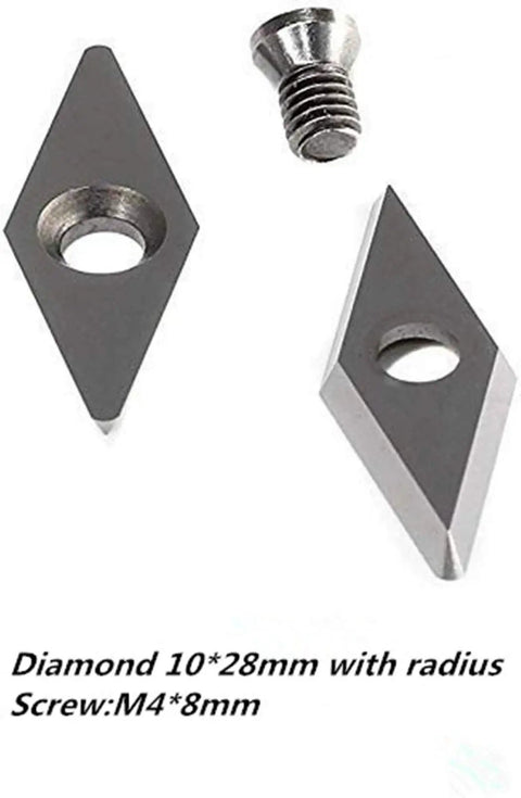 Five Pack Wood Turning Carbide Cutter Inserts Set With Square, Square Radius, Diamond, And Round Shapes; screws included and diamond cutter shown