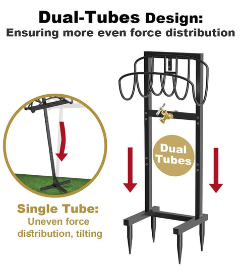 Built Tough Heavy Duty Outdoor Garden Hose Holder Freestanding Stand With Brass Faucet And Four Prongs, dual tubes design.
