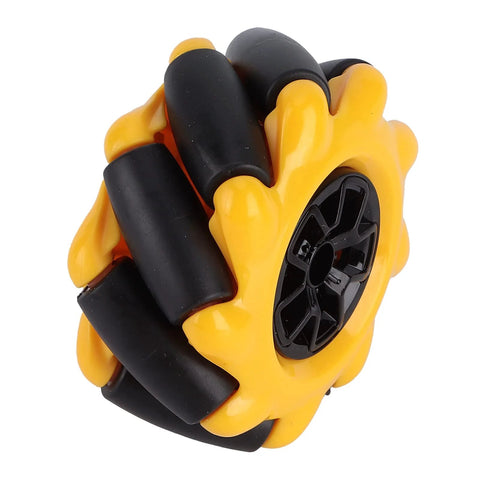 Close-up of a yellow 60mm mecanum wheel with black rollers for DIY robot car
