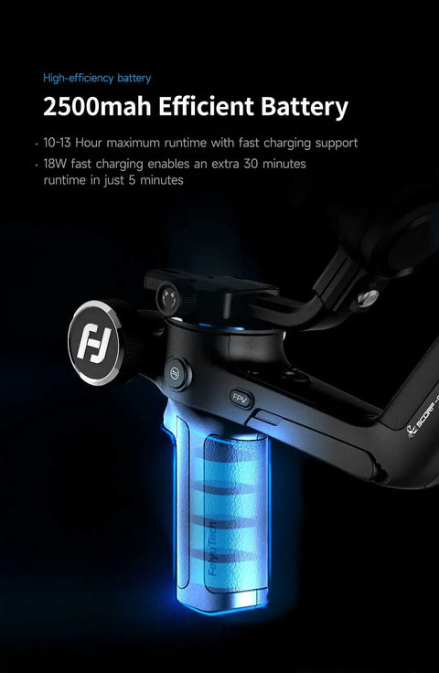Close-up of the SCORP-C 3-Axis Gimbal Stabilizer battery with 2500mAh capacity for DSLR and Mirrorless Cameras, 5.5lb Payload.