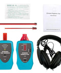 allsun Ultrasonic Leak Detector kit, front view: blue tone generator and diagnostic tool with red probes, headphones