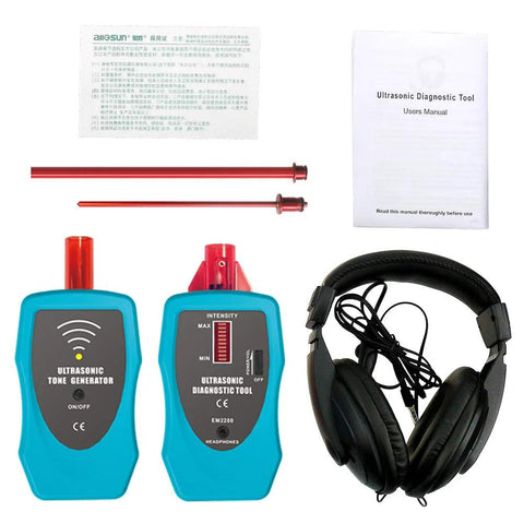allsun Ultrasonic Leak Detector kit, front view: blue tone generator and diagnostic tool with red probes, headphones