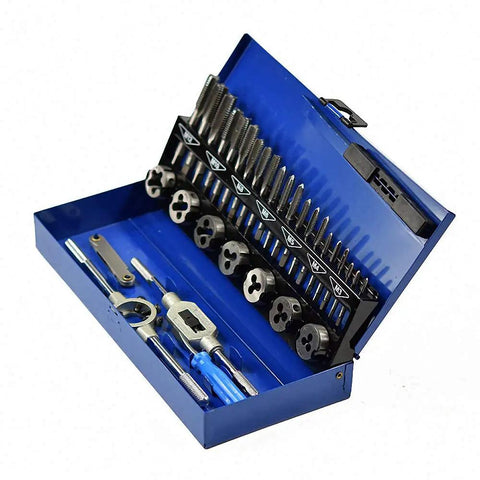 Ultimate 32 Piece Metric Thread Tap And Die Set For Pros Includes M3 To M12 Cutters Perfect For Tough Repairs And Custom Fabrication Jobs That Need Precision Taps And Dies. Blue metal case with M3-M12 tap and die set, wrench and handles