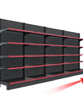 Hardcore Heavy Duty Double Sided Metal Shelving Unit With Adjustable Four Tier Steel Storage Rack For Garage Kitchen Warehouse And Retail Display Stand High Capacity Organization System, featuring red shelves on a black frame.