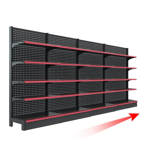 Hardcore Heavy Duty Double Sided Metal Shelving Unit With Adjustable Four Tier Steel Storage Rack For Garage Kitchen Warehouse And Retail Display Stand High Capacity Organization System, featuring red shelves on a black frame.