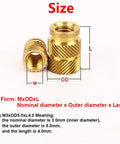 Solid Brass Hot Melt Nuts With Double Twill Knurl Grip For High Torque Stress Loads. Pack Of 20 Pieces featuring size details.