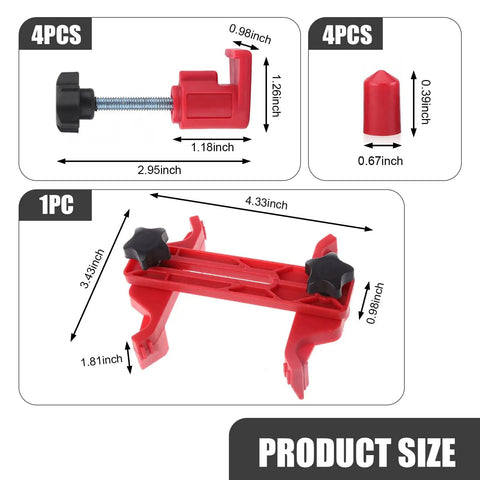 Badass Cam Engine Timing Tool Set With Nine Piece Anti Slip Sprocket Gear Lock Kit For Dead On Camshaft Alignment And Easy Auto Maintenance Universal Fit Red Color showing tool dimensions and setup.