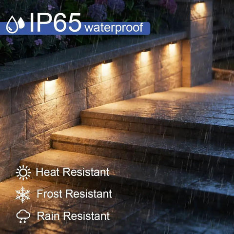 8 Pack 7 Inch LED Retaining Wall Lights illuminating wet steps, showcasing IP65 waterproof durability for outdoor use.