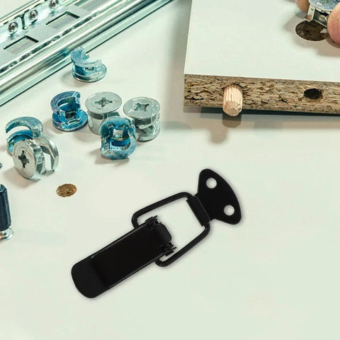 Spring Loaded Toggle Latch Clamp Set For Cabinets And Boxes Medium Size Black Finish 4 Piece Kit With Screws displayed