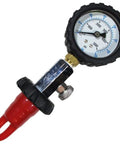 Scuba DIN tank pressure gauge with red hose and black protective bezel, 5000 psi (Amazon)