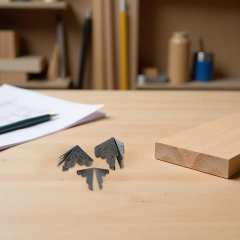 Old School Box Corner Protectors Set for Wood Furniture, metal edge guards, 50Pcs on wooden tabletop with pencil