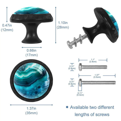 Slick Blue Marble Agate Cabinet Knobs 4 Pack Round Drawer Pulls With A Sleek Black Dresser Handle Base Straight Up Heavy Duty Kitchen Bath Hardware Featuring Solid Crystal Glass For Zero Sweat Install, dimensions shown.