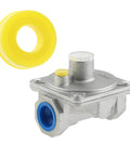 3/4-inch natural gas pressure regulator, metal body with yellow adjustment knob and blue inlet port