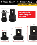 Low Profile Impact Socket Adapter Set with Detent Ball, Chrome Moly Adapters 1/4 to 3/8, 3/8 to 1/2, 1/2 to 3/4"}