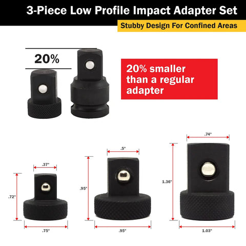 Low Profile Impact Socket Adapter Set with Detent Ball, Chrome Moly Adapters 1/4 to 3/8, 3/8 to 1/2, 1/2 to 3/4"}