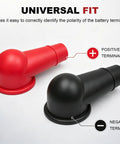 Beefy Side Post Battery Terminal Covers 2 Pack In Red Plus Black Heavy Duty Pvc Shield, showing positive and negative covers.