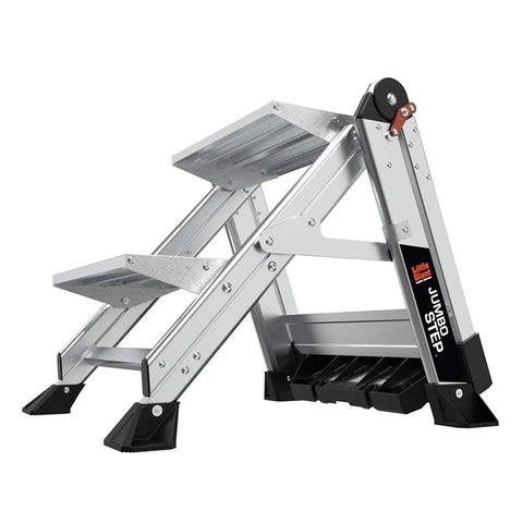Jumbo Step Aluminum 2 Step Stool Ladder, lightweight and sturdy with a 375 pound duty rating, angled open position