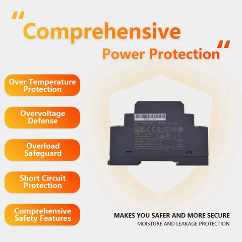 Ultra Slim DIN Rail Power Supply 24V 15W Compact Cabinet Adapter showing comprehensive safety features and protection specifications.