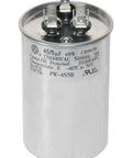 Dual Run Round Capacitor 45 Plus 5 MFD 370 440V For Condenser Straight Cool Or Heat Pump AC Units 2 3/8 Inch Diameter By 4 Inch Tall Drop-In Replacement Replaces 370V And 440V Built Tough And Guaranteed To Last Five Years, showing connectors and specifications label
