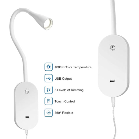 Wall Mount Reading Light For Bedside Must Have With Flexible Gooseneck, 16 LED Book Lamp, Five Dimming Levels, Touch Control, USB Output