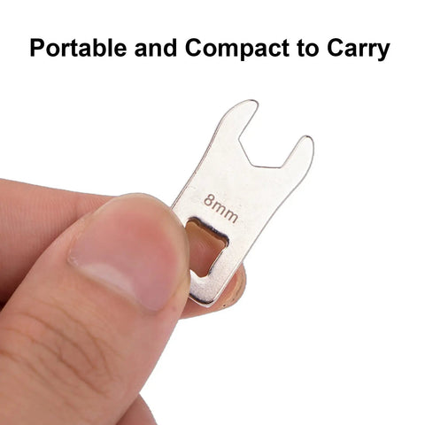 8mm Bike Crowfoot Wrench With One Quarter Inch Drive Torque Adapter held in fingers, labeled '8mm', compact and portable