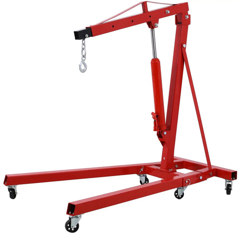 Heavy Duty Two Ton Folding Engine Hoist Cherry Picker Shop Crane Lift Built Like A Tank With Solid Carbon Steel, showing the red hydraulic frame.