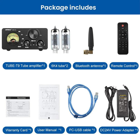 All In One 200W Bluetooth Tube Amplifier With Built In DAC And Preamp 2.0 2.1 Stereo Home Receiver For TV Computer Turntable And Phone Via USB Coax Optical RCA Warm Vacuum Tube Tone And Rich Sound package includes amplifier, tubes, antenna, remote, cable, adapter