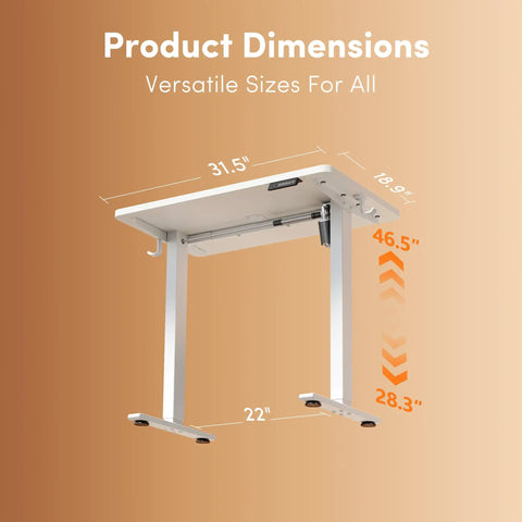 Side view of white 32 Inch Electric Standing Desk With Adjustable Height From Sitting To Standing showing dimensions 31.5x22x18.9 inches
