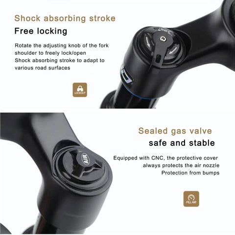 Close-up of 700c Suspension Fork For Road Bikes With Pneumatic Shock Absorption features, showing lock mechanism and air valve.