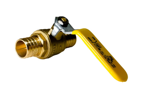 10 Pack PEX Barb 1 Inch Ball Valve With Yellow Handle, Full Port Brass Ball Valve For PEX Tubing, showing side view